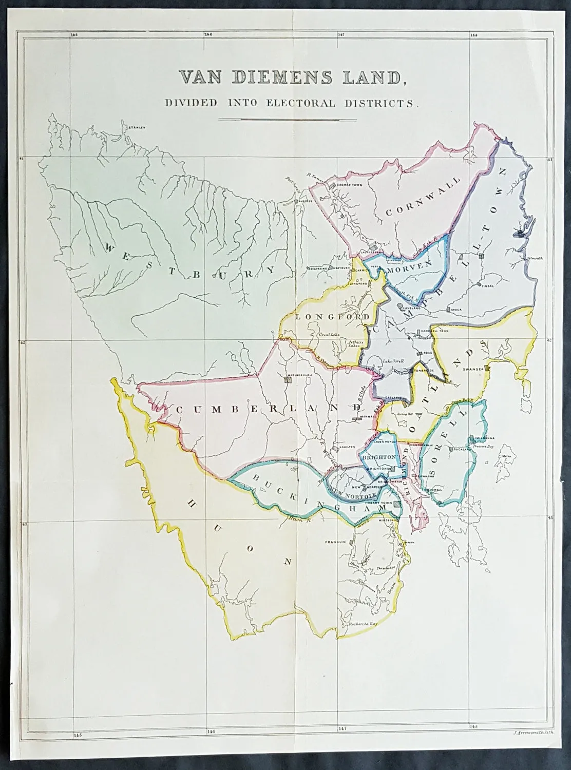 1852 John Arrowsmith Rare Antique Map The First Electoral Districts of Tasmania