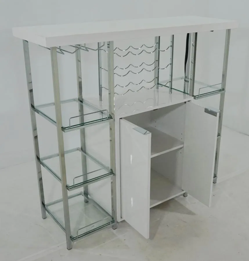 2-door Bar Cabinet with Glass Shelf High Glossy White and Chrome