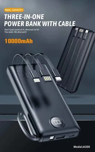 Aspor A300 10000mAh 4 in 1 Power Bank-3 Output Micro/Type C/Lightning/ USB-A