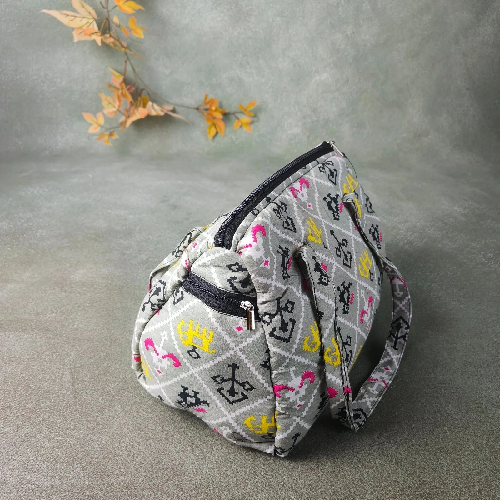 Barrel Handbags Light green with Coral Prints Design