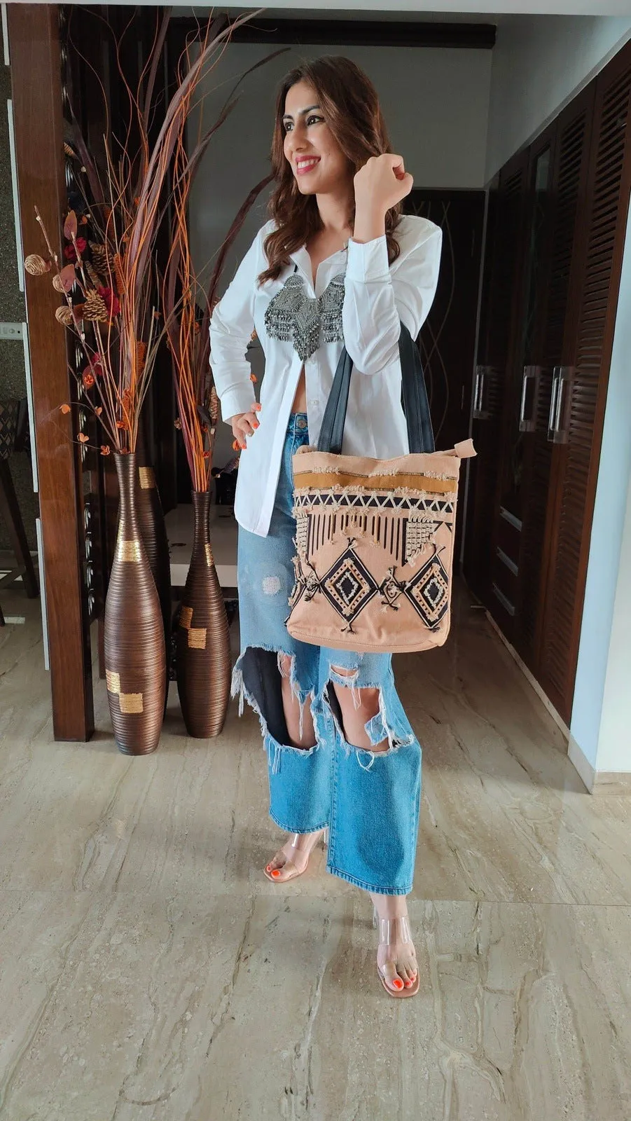 Beige Black Geometric Banjara Handcrafted Embroidery Tote Bag - Banjara Handbag