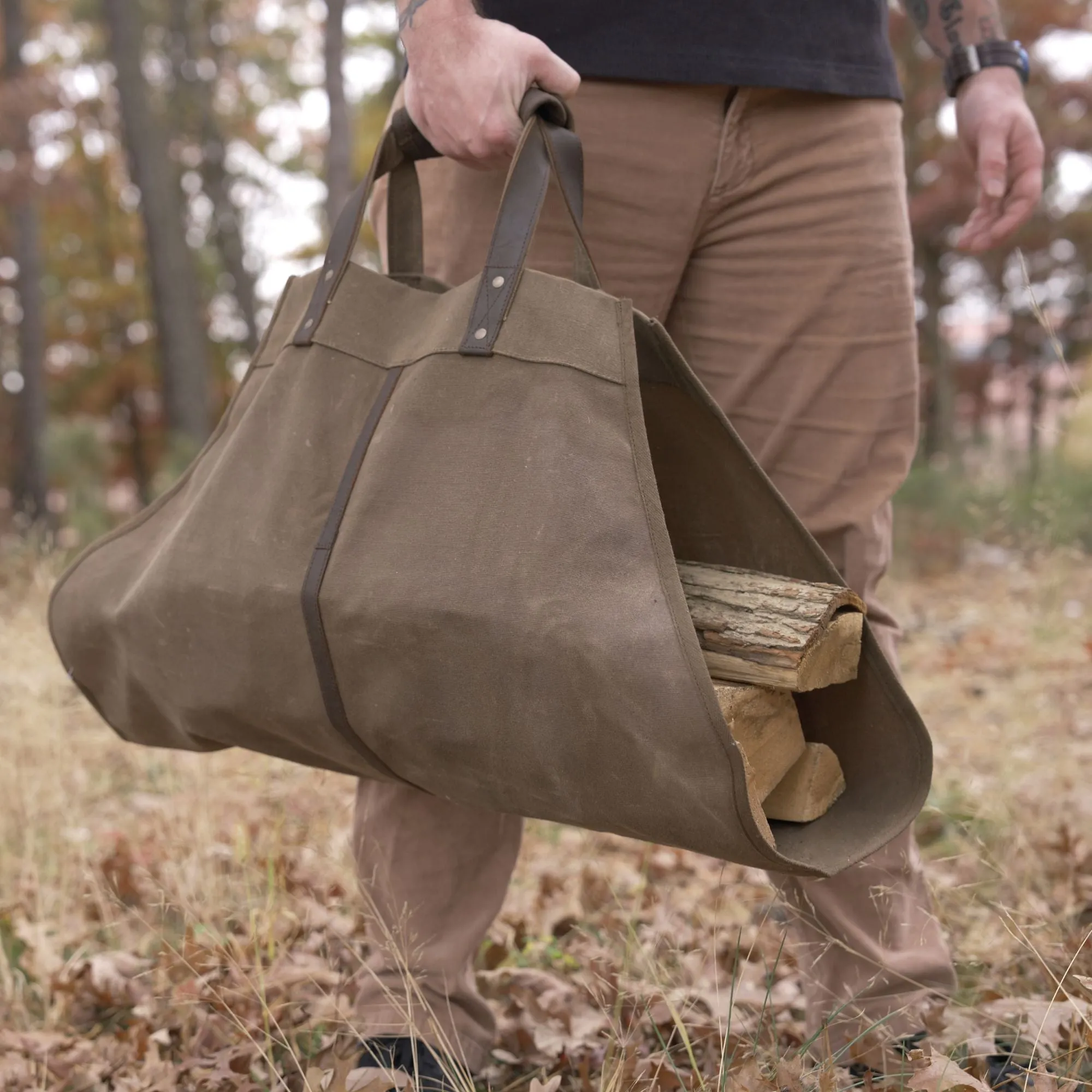 Black - Wax Canvas Log Carrier – Indoor/Outdoor Firewood Bag – Great for Campfires and Fireplaces