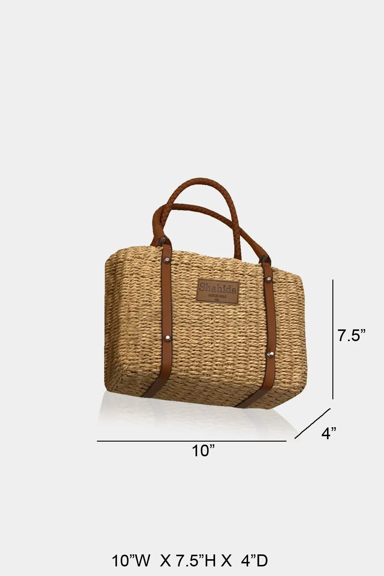 Brown Leather Handled Raffia Bag