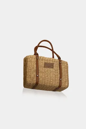 Brown Leather Handled Raffia Bag