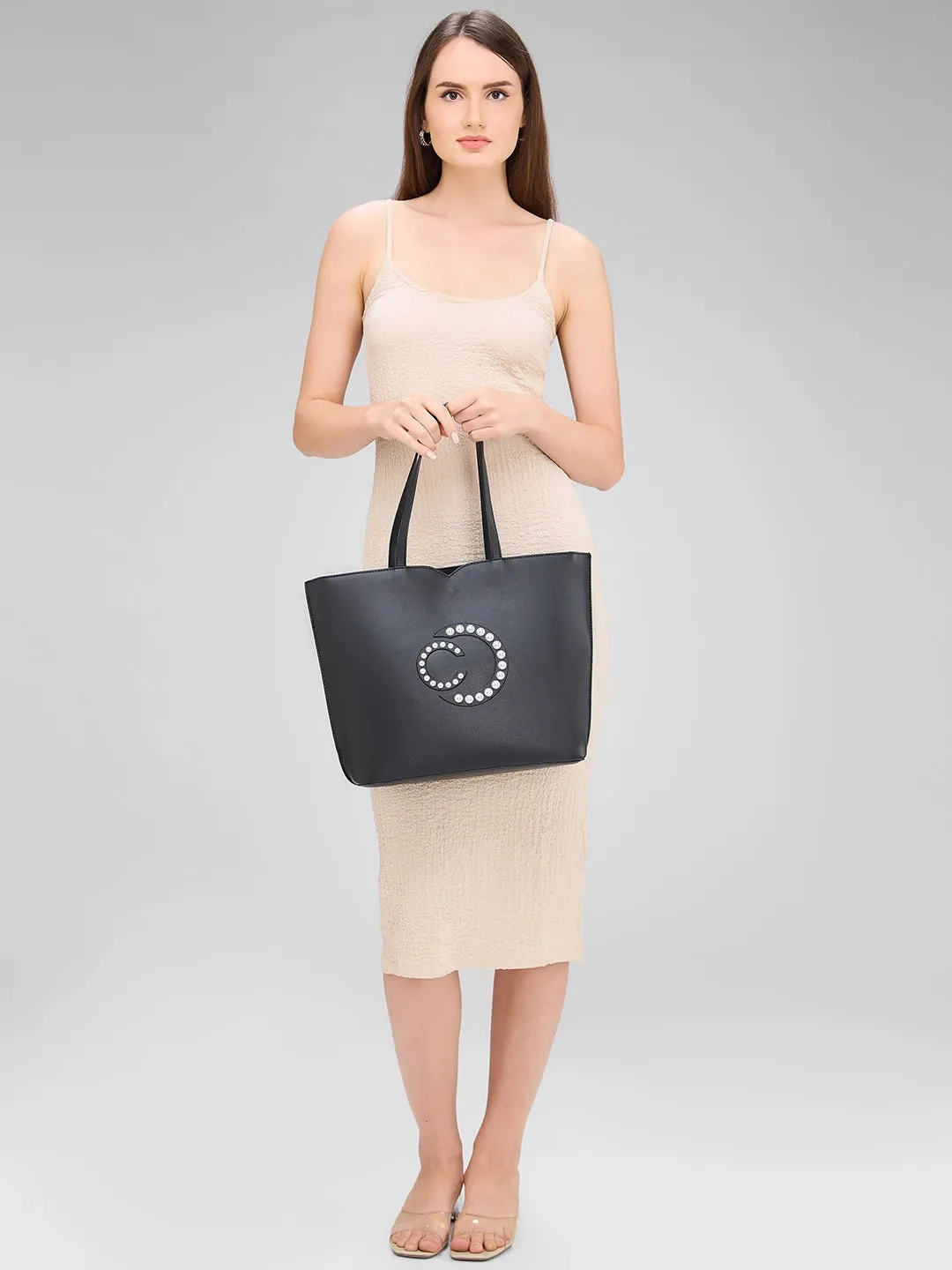 Caprese Pink Cloud Tote Medium Solid Women'S Office Handbag Black