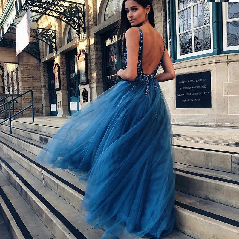 Charming A-Line V-neck Backless Floor-Length Blue Prom Dresses with Beading, TYP1434