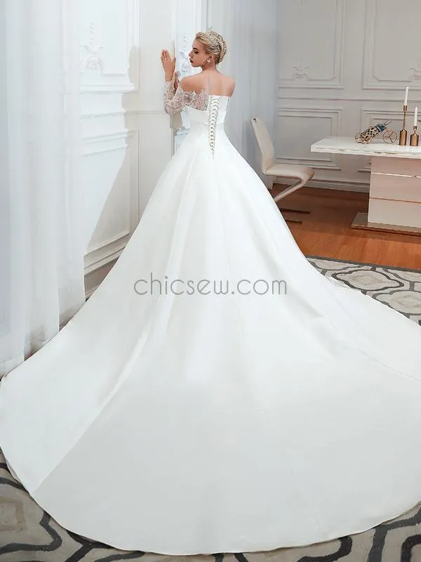 Charming Off Shoulder Long Sleeves Satin A Line Long Wedding Dresses XDM1188