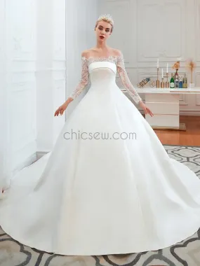 Charming Off Shoulder Long Sleeves Satin A Line Long Wedding Dresses XDM1188