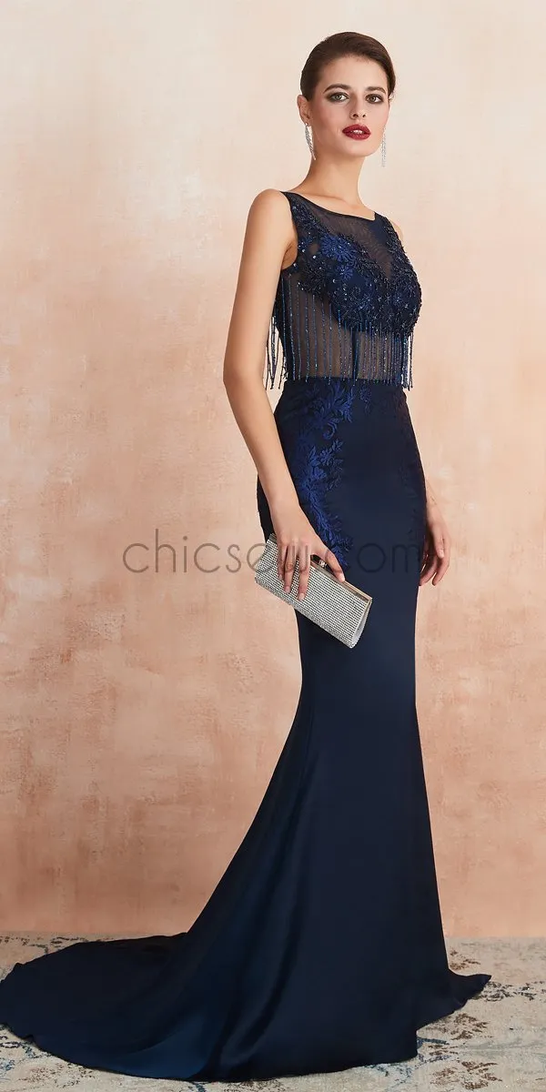 Charming Round Neck Mermaid Jersey Appliques Backless Prom Dress, YKX081