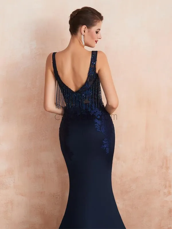 Charming Round Neck Mermaid Jersey Appliques Backless Prom Dress, YKX081