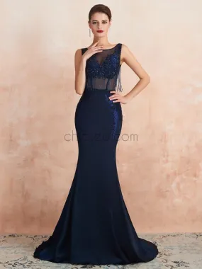 Charming Round Neck Mermaid Jersey Appliques Backless Prom Dress, YKX081