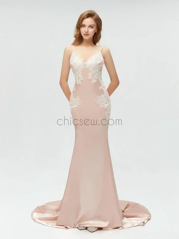 Charming Spaghetti Straps Mermaid Applique Sexy Backless Prom Dress, YKX002