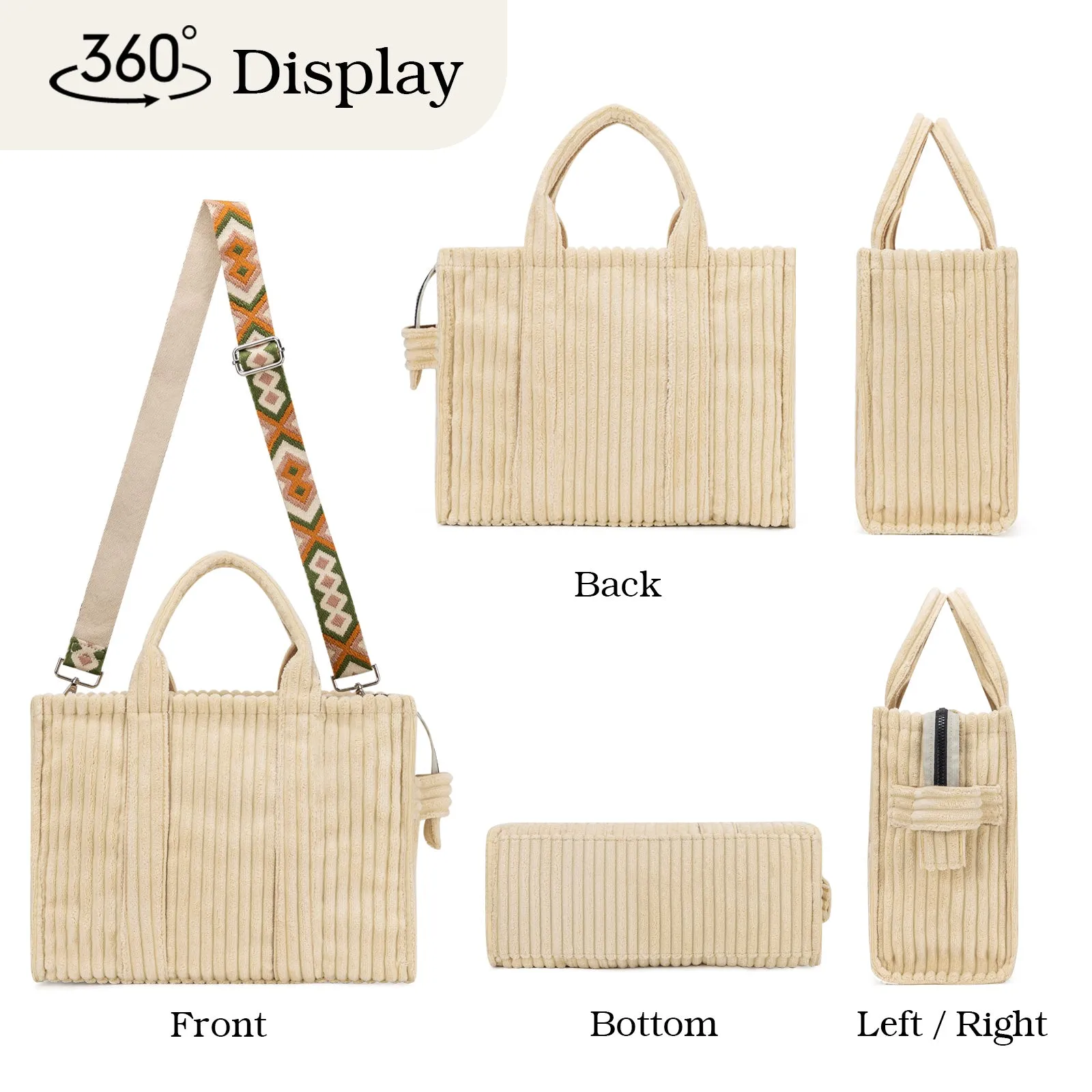 Corduroy Tote Handbags Shoulder Bag with Zipper