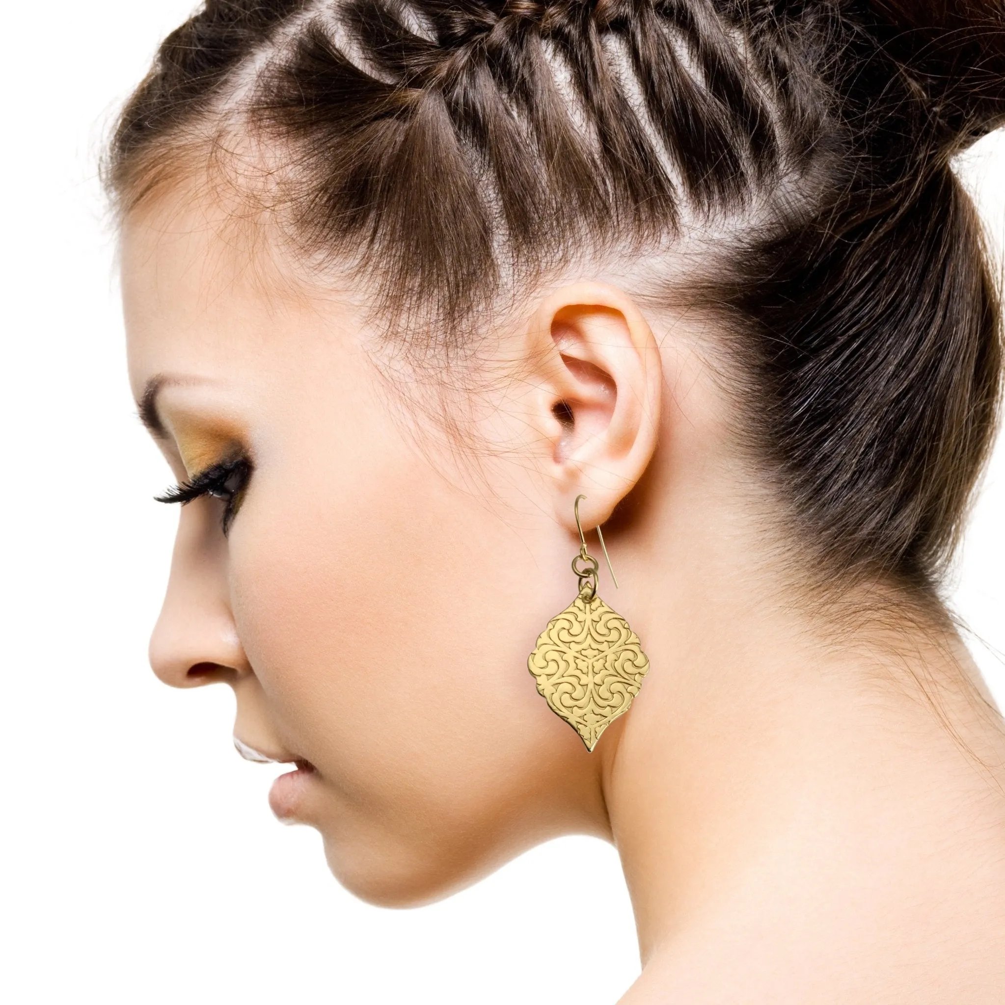 Damask Embossed Brass Nu Gold Moroccan Drop Earrings