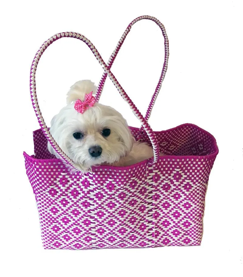 Dog Totes-Handwoven Light Weight Recycled Material-Hot Pink   White