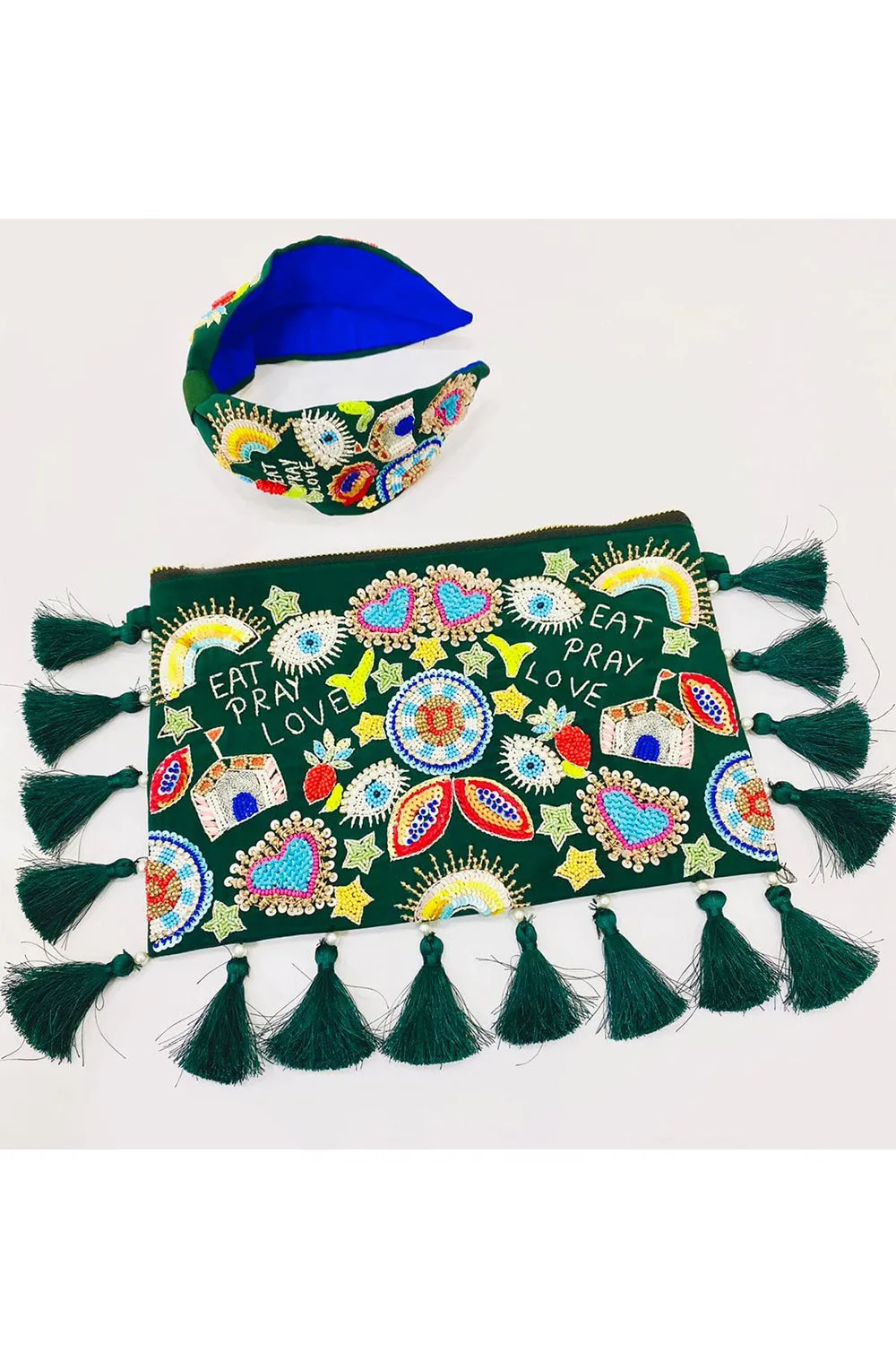 Eat Pray Love Beads Embroidered Sling Bag With Hairband