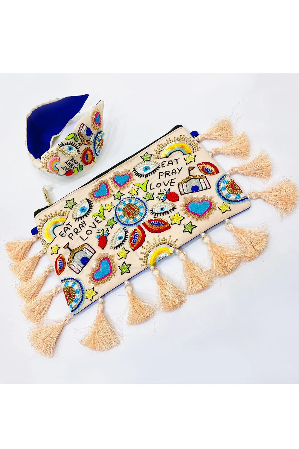 Eat Pray Love Beads Embroidered Sling Bag With Hairband