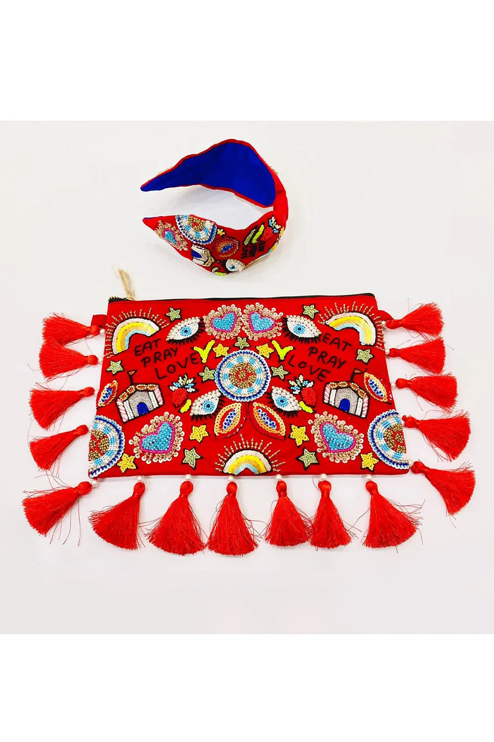 Eat Pray Love Beads Embroidered Sling Bag With Hairband