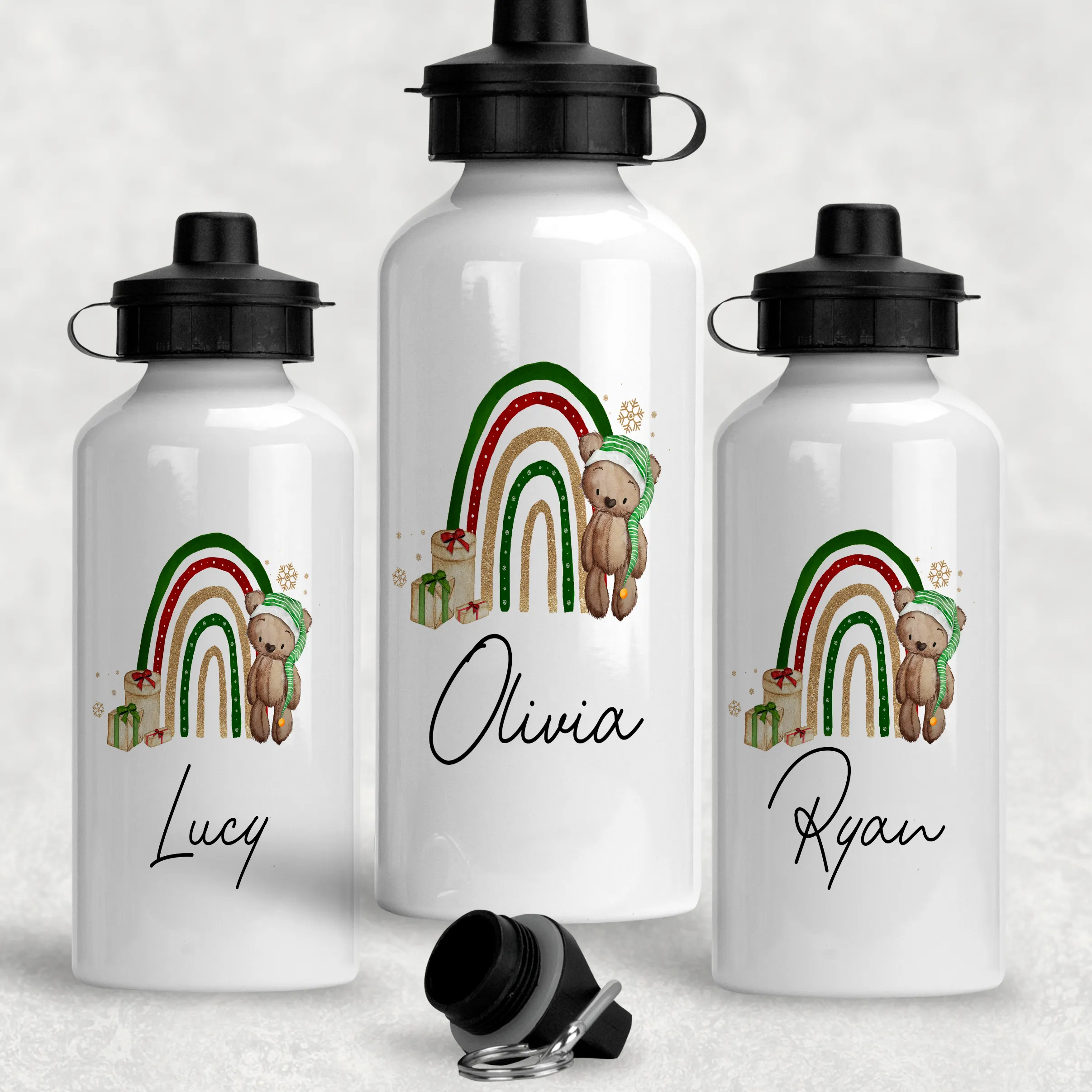 Elf Bear Rainbow Christmas Personalised Aluminium Water Bottle 400/600ml