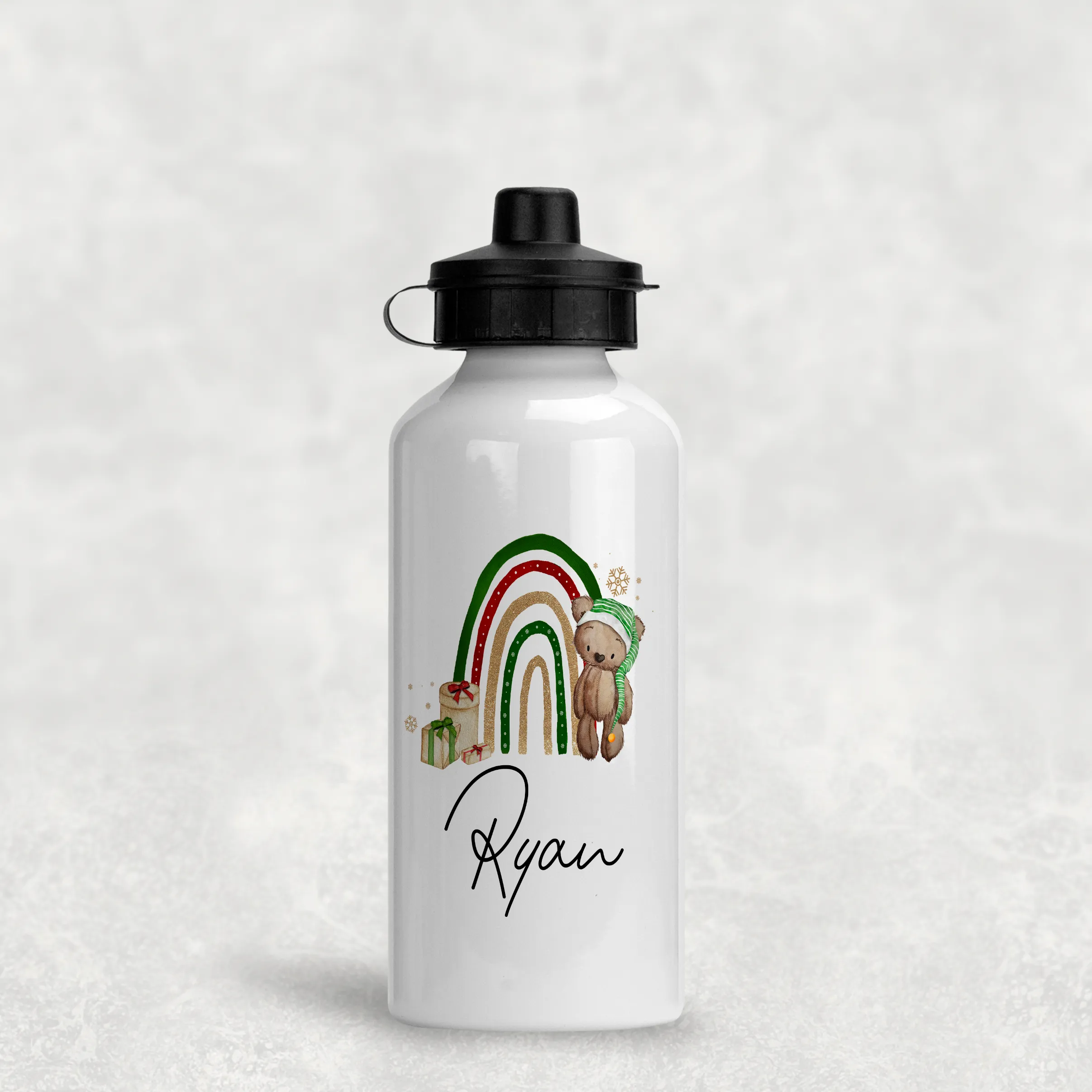 Elf Bear Rainbow Christmas Personalised Aluminium Water Bottle 400/600ml