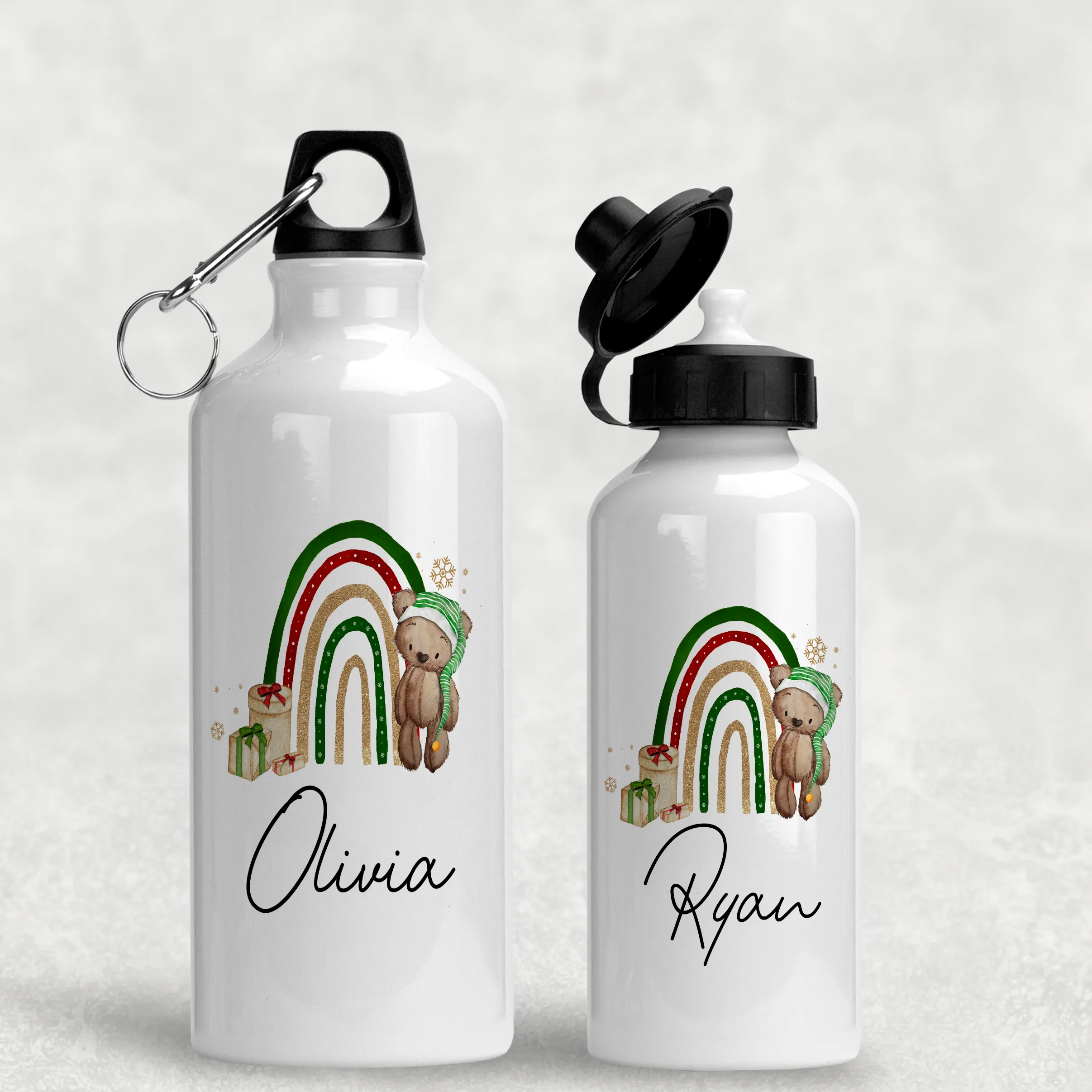 Elf Bear Rainbow Christmas Personalised Aluminium Water Bottle 400/600ml