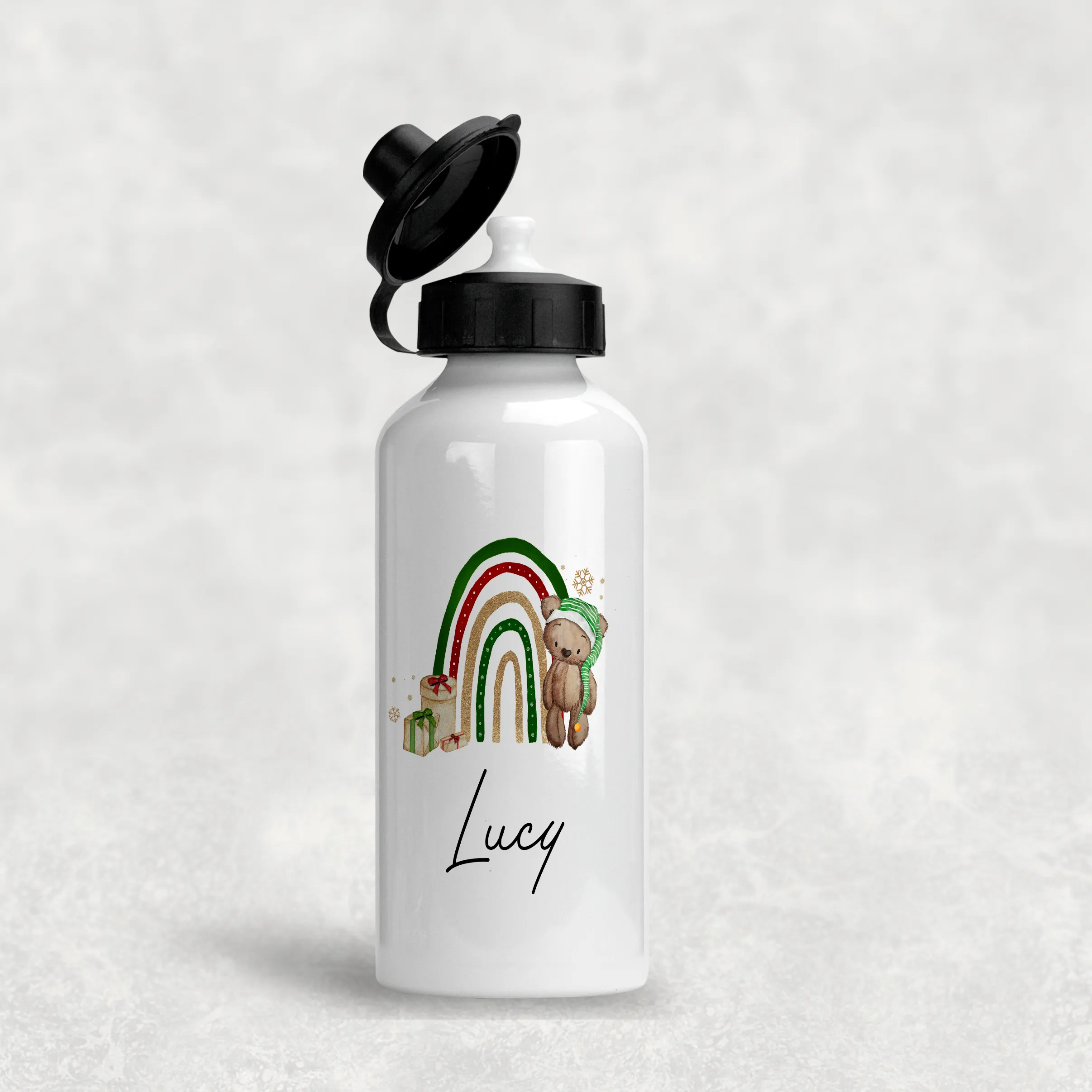 Elf Bear Rainbow Christmas Personalised Aluminium Water Bottle 400/600ml