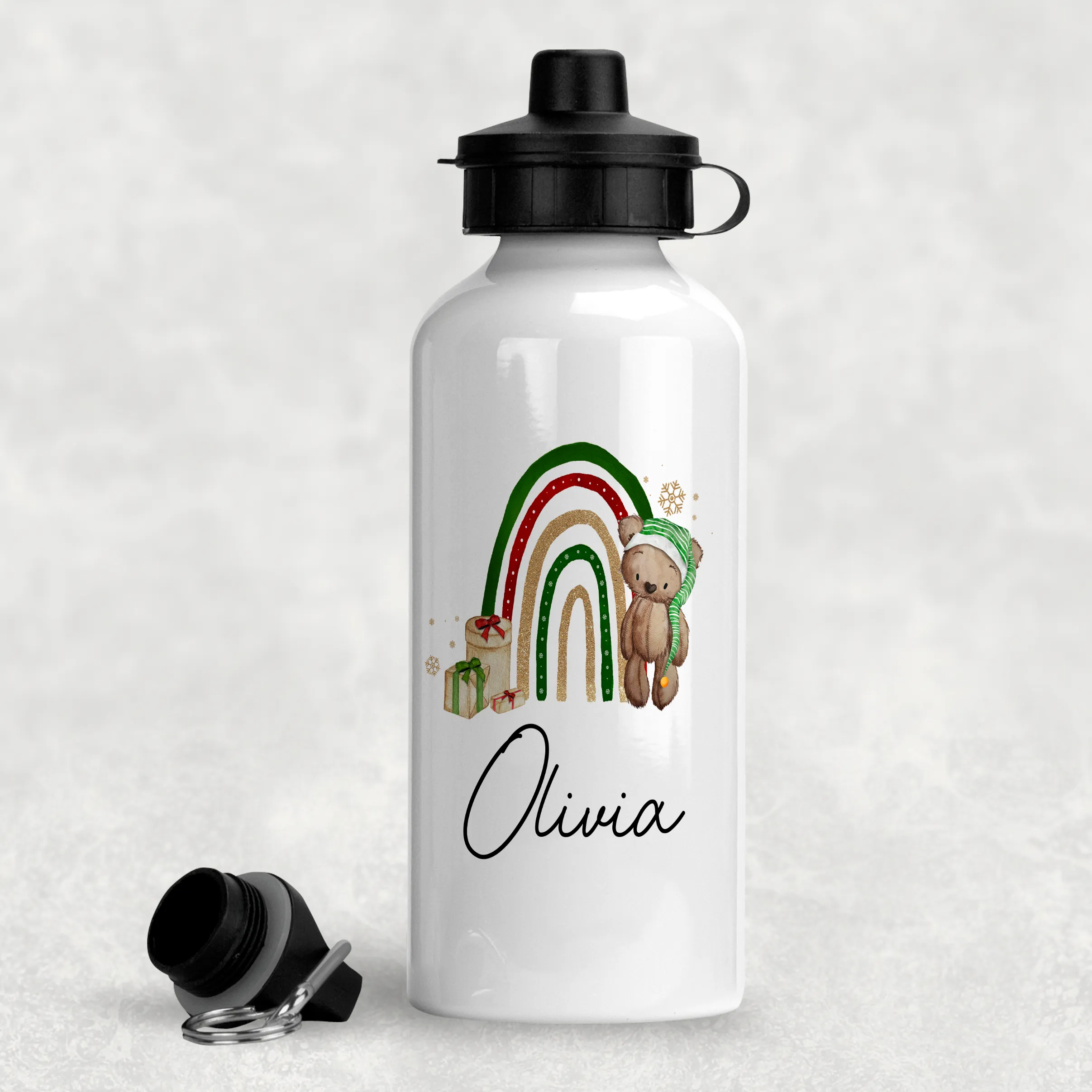 Elf Bear Rainbow Christmas Personalised Aluminium Water Bottle 400/600ml