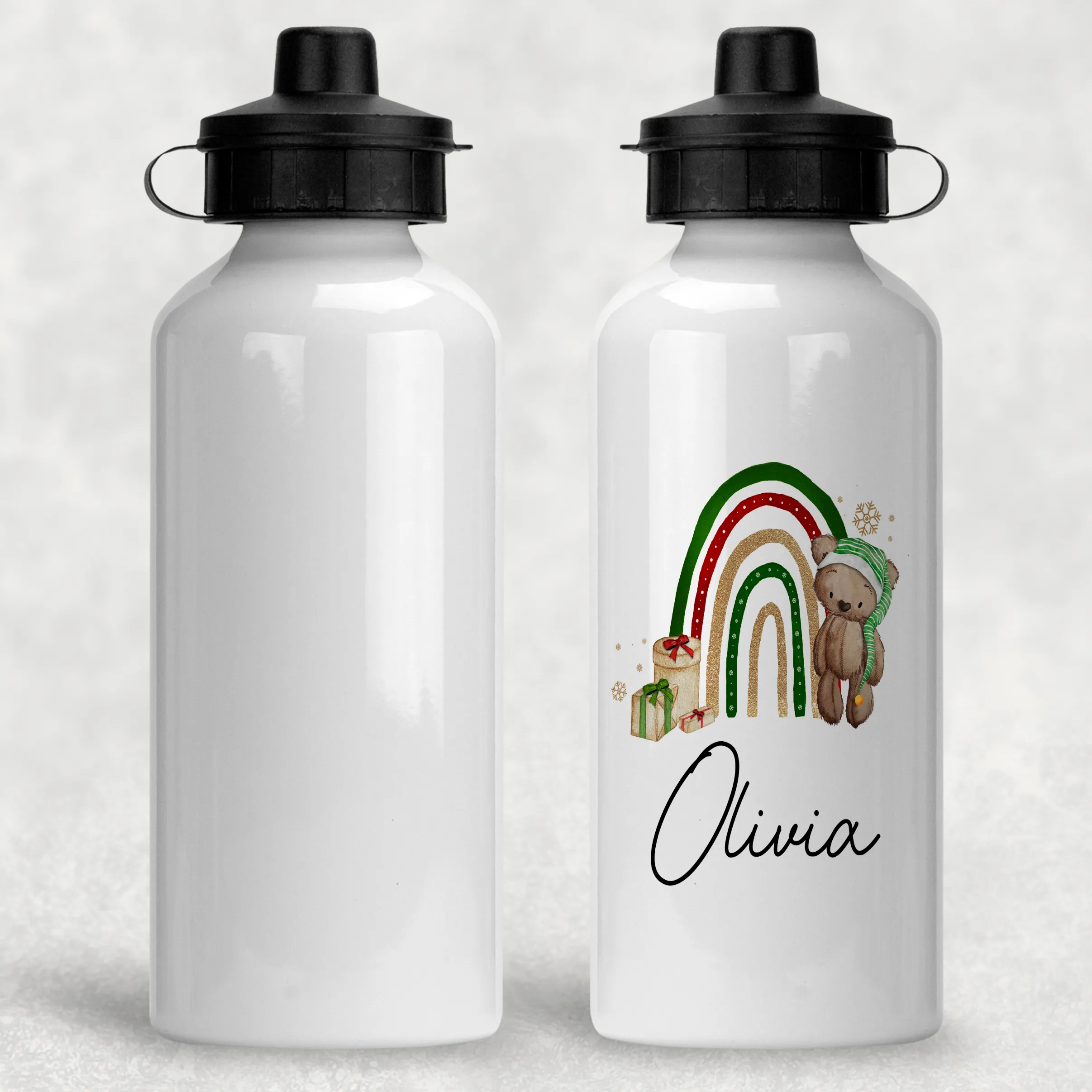Elf Bear Rainbow Christmas Personalised Aluminium Water Bottle 400/600ml