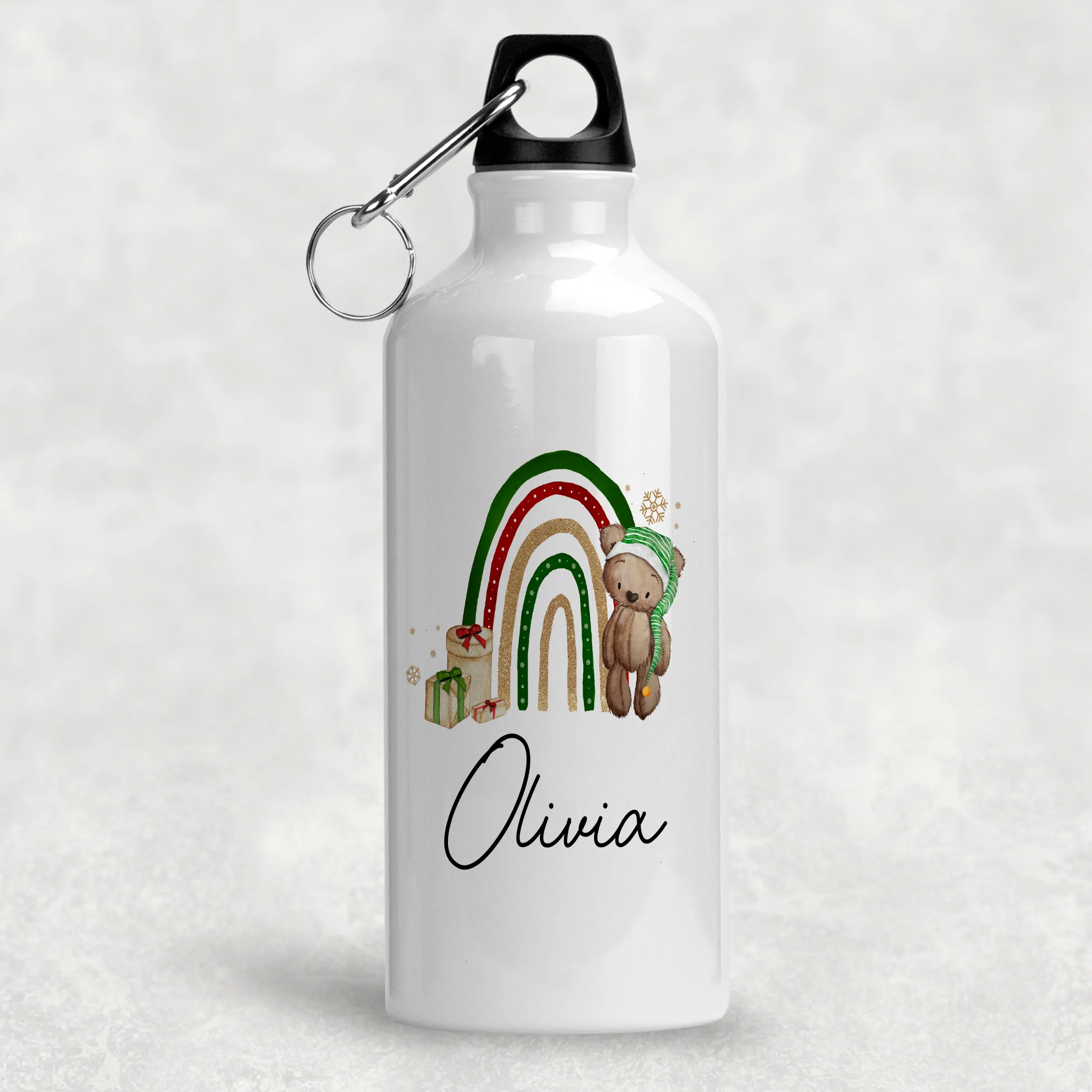 Elf Bear Rainbow Christmas Personalised Aluminium Water Bottle 400/600ml