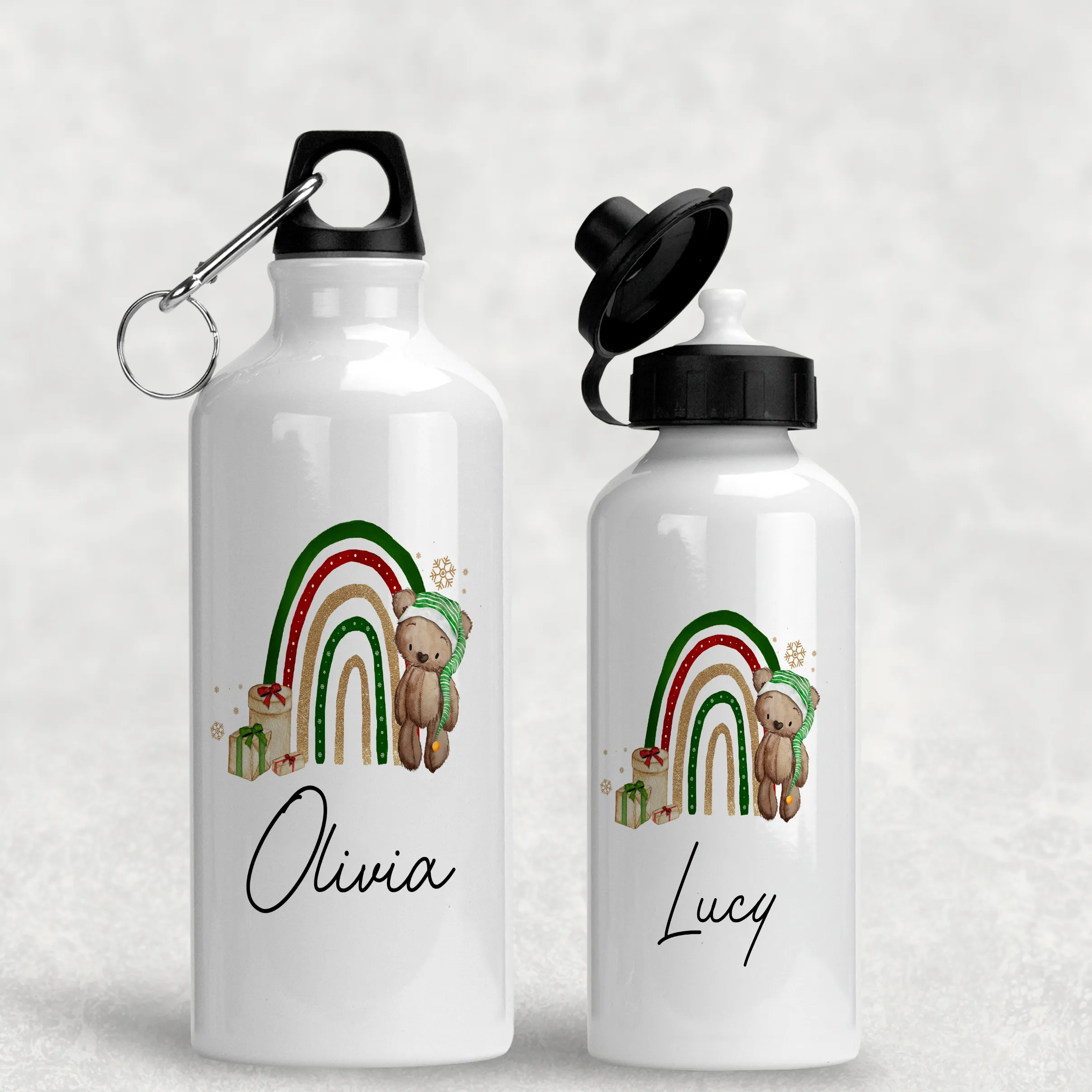 Elf Bear Rainbow Christmas Personalised Aluminium Water Bottle 400/600ml