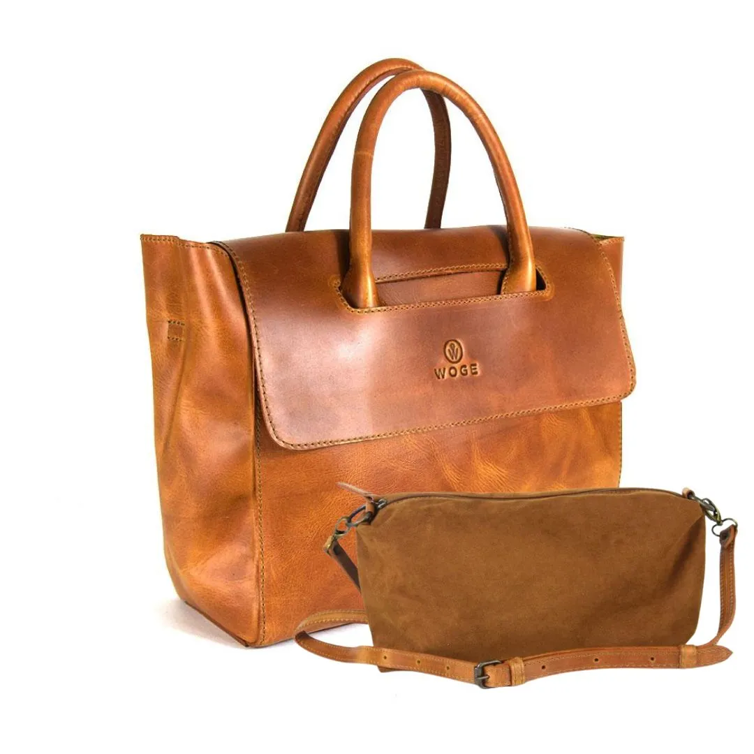Foldover Tote in Cognac Leather- Concealed Carry