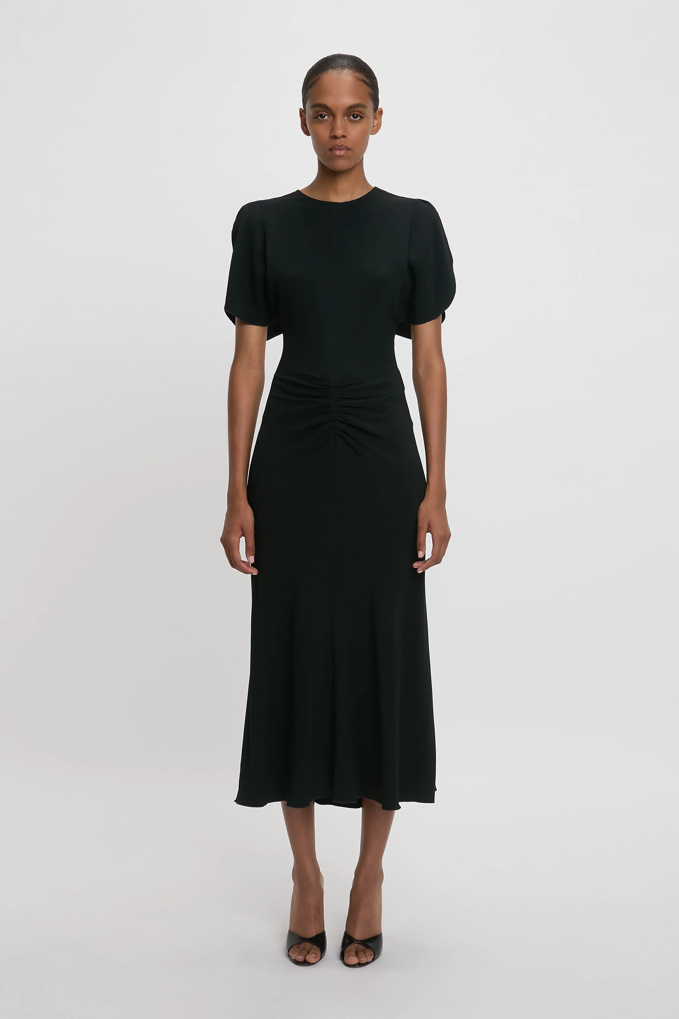 Gathered Waist Midi Dress In Black