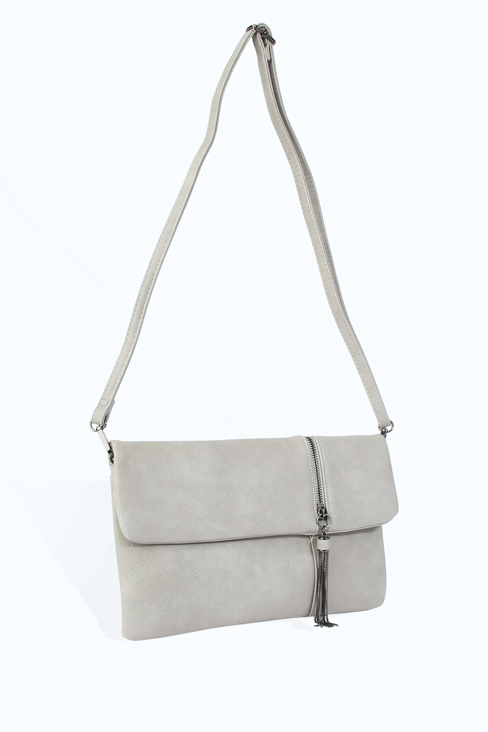 Grey Zip Tassel Flap Over Clutch