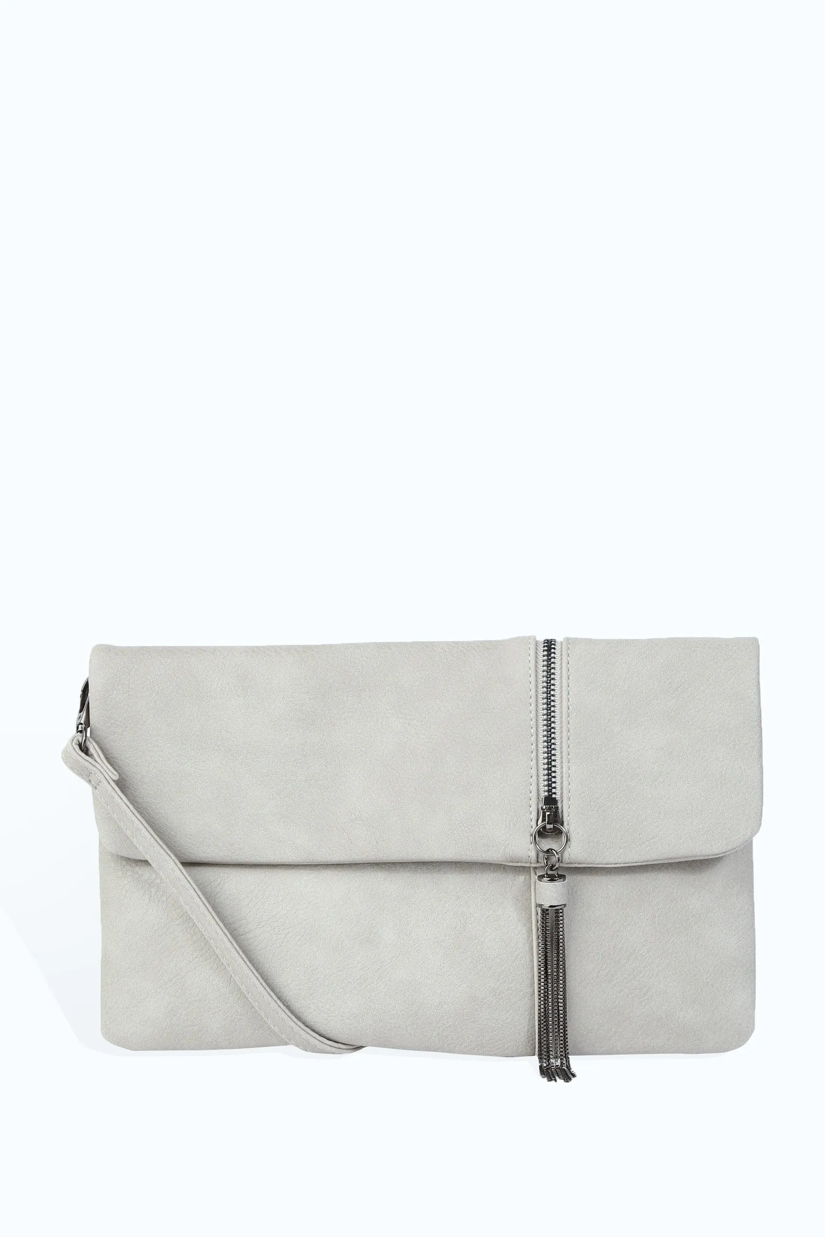 Grey Zip Tassel Flap Over Clutch