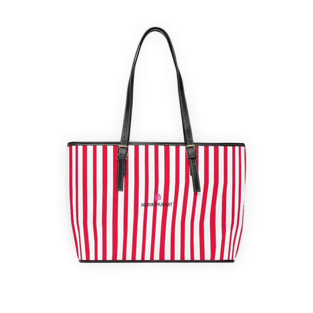 Horizontal Red Stripes Tote Bag, Best Designer PU Leather Shoulder Hand Work Bag 17"x11"/ 16"x10"