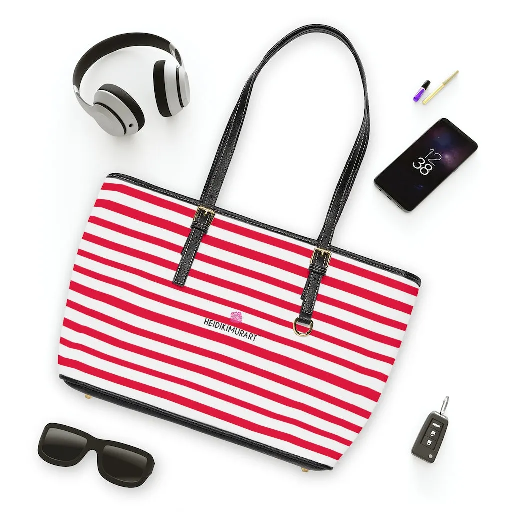 Horizontal Red Stripes Tote Bag, Best Designer PU Leather Shoulder Hand Work Bag 17"x11"/ 16"x10"