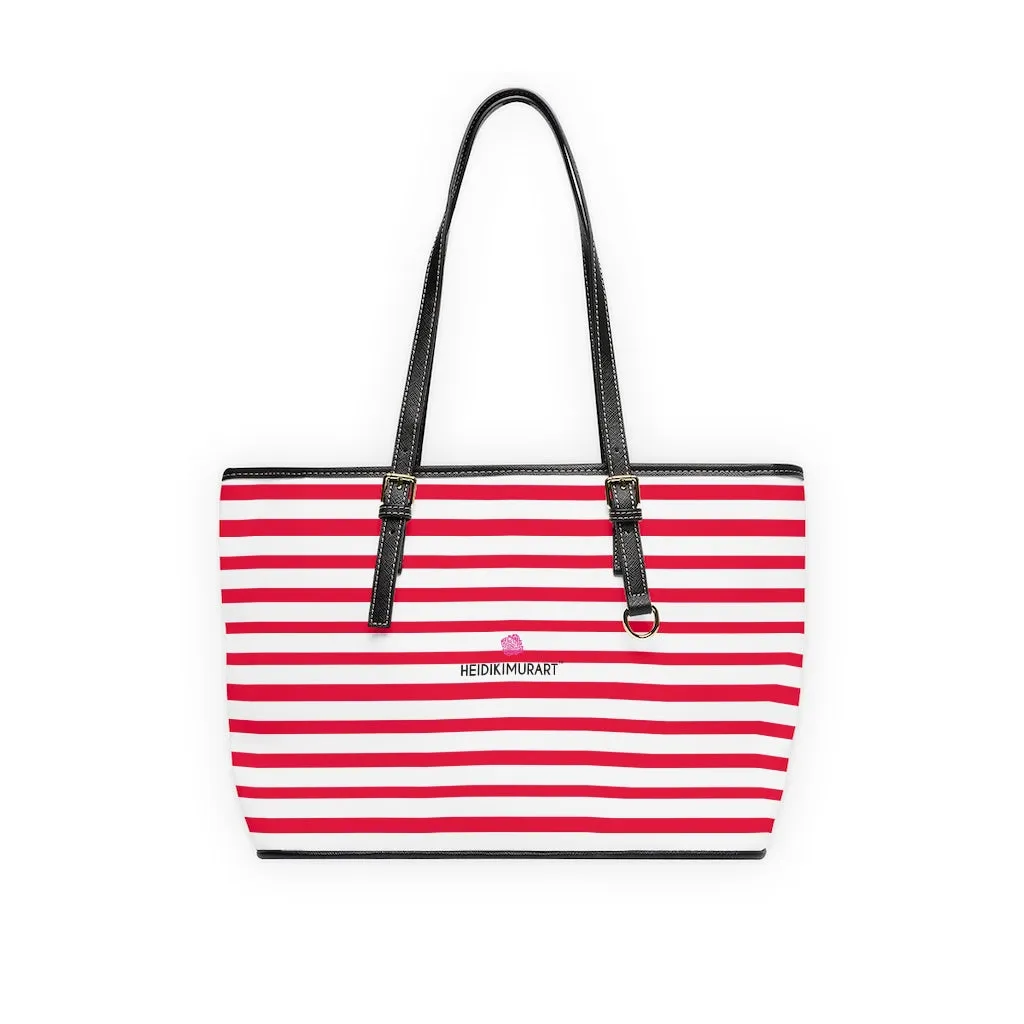 Horizontal Red Stripes Tote Bag, Best Designer PU Leather Shoulder Hand Work Bag 17"x11"/ 16"x10"