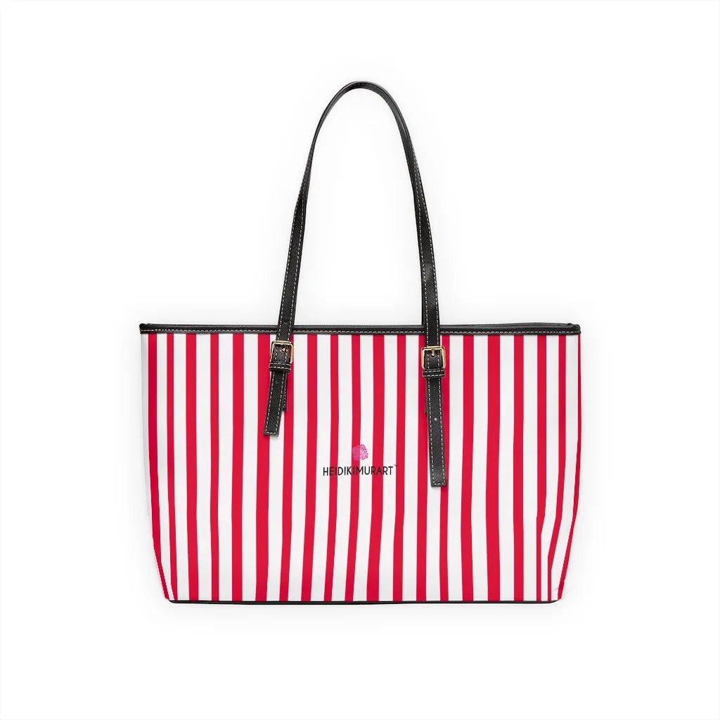 Horizontal Red Stripes Tote Bag, Best Designer PU Leather Shoulder Hand Work Bag 17"x11"/ 16"x10"