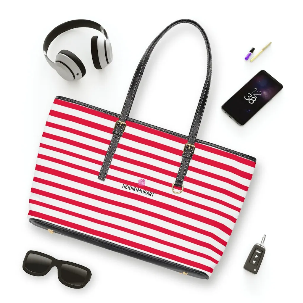 Horizontal Red Stripes Tote Bag, Best Designer PU Leather Shoulder Hand Work Bag 17"x11"/ 16"x10"