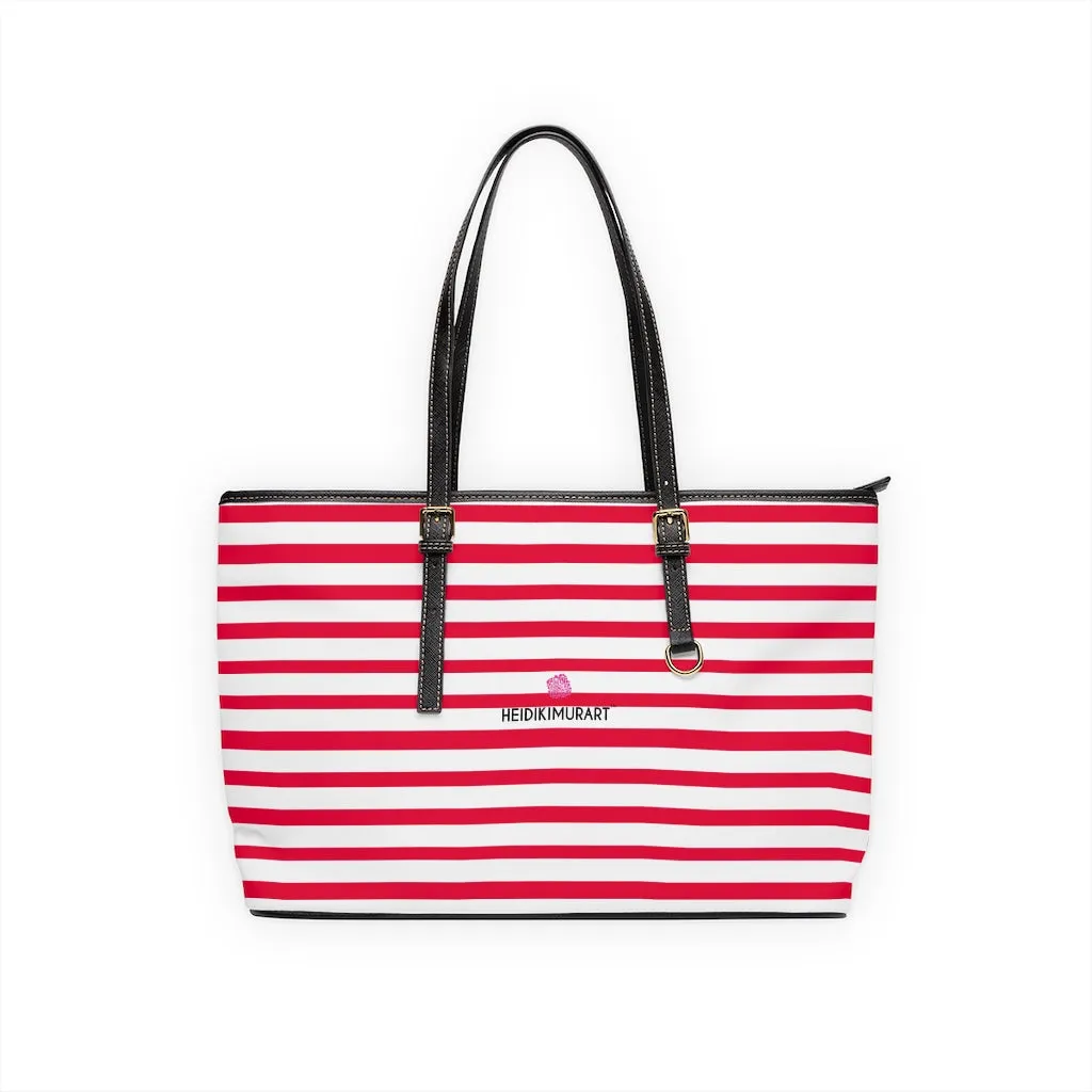 Horizontal Red Stripes Tote Bag, Best Designer PU Leather Shoulder Hand Work Bag 17"x11"/ 16"x10"