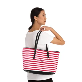 Horizontal Red Stripes Tote Bag, Best Designer PU Leather Shoulder Hand Work Bag 17"x11"/ 16"x10"