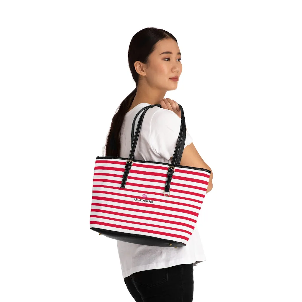 Horizontal Red Stripes Tote Bag, Best Designer PU Leather Shoulder Hand Work Bag 17"x11"/ 16"x10"