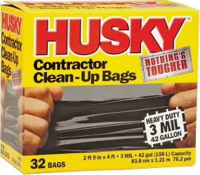 Husky HK42WC032B Contractor Clean-Up Bag, 42 gal Capacity, Polyethylene, Black :BX 32: QUANTITY: 1