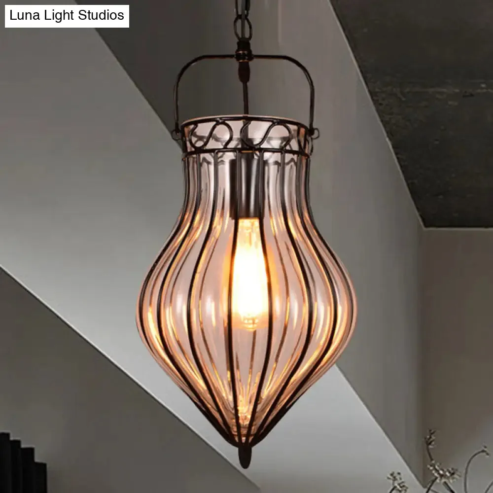 Industrial Single Pendant Light with Clear Glass Teardrop and Black Finish for Restaurants