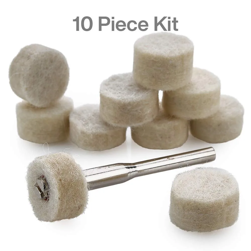 Katzco 0.5 Inch Wool Felt Buffing and Polishing Wheel Set - 10 Piece Kit Half Inch Mandrel