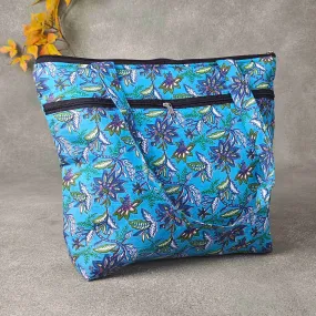 Medium Size Handbag Blue Colour with Blue and Green Flower Prints.