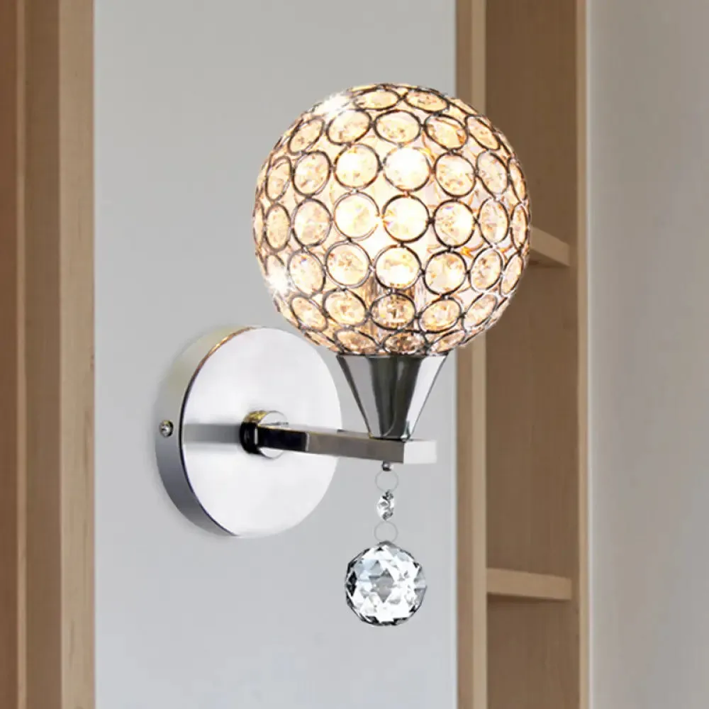 Modern Chrome Wall Light with Crystal Encrusted Globe, 1 Head