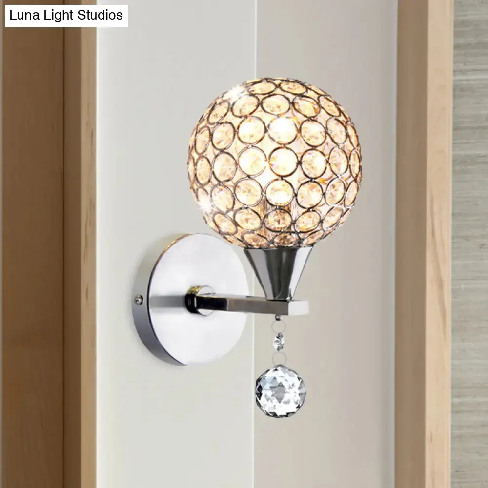 Modern Chrome Wall Light with Crystal Encrusted Globe, 1 Head