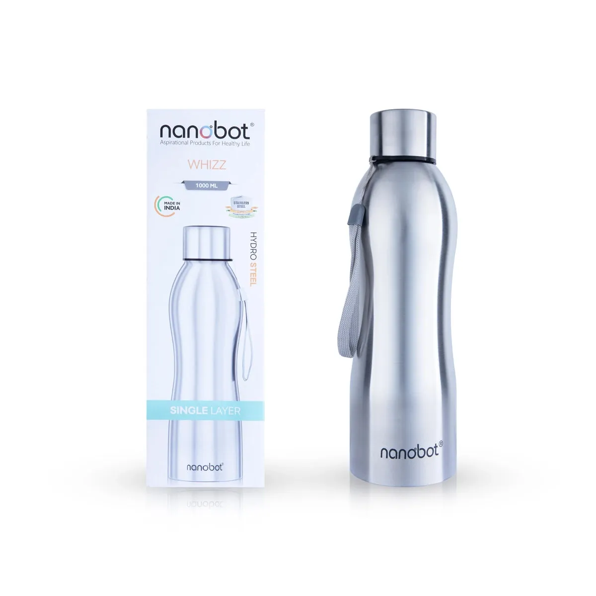 Nanobot Water Bottle - 1 Ltr | Whizz Colour Water Bottle/ 10.5 x 3 Inches/ Stainless Steel Water Container for Home