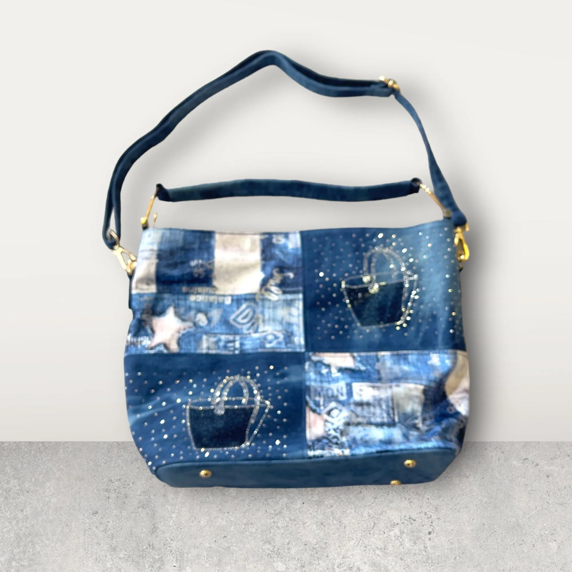 PATCHWORK CRYSTAL EMBELLISHED DENIM HANDBAG